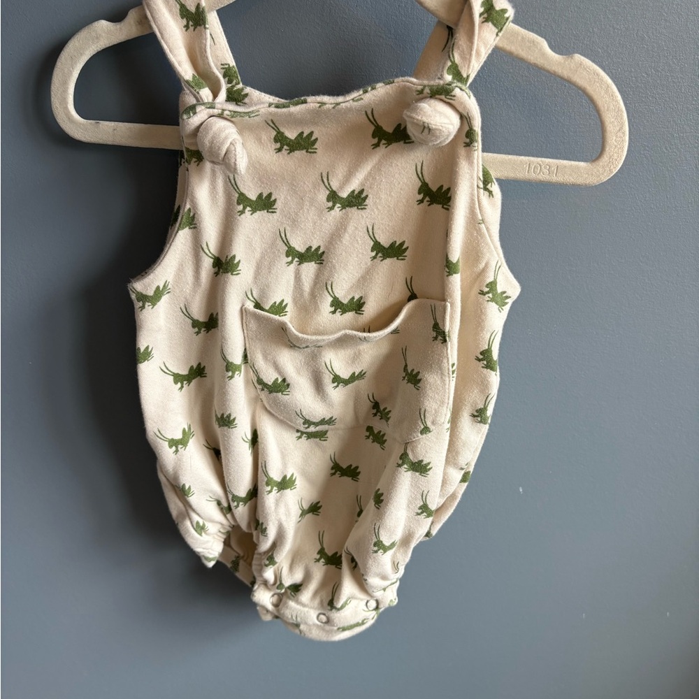 Kate Quinn Cream Baby Romper with Green Grasshopper Print